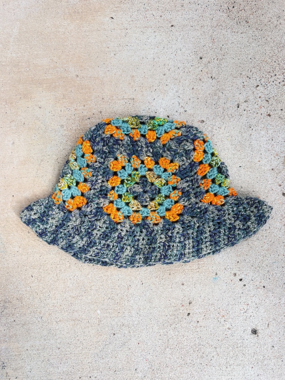 Handmade Crocheted Granny Square Bucket Hat in Blue, Green, Orange, and Teal